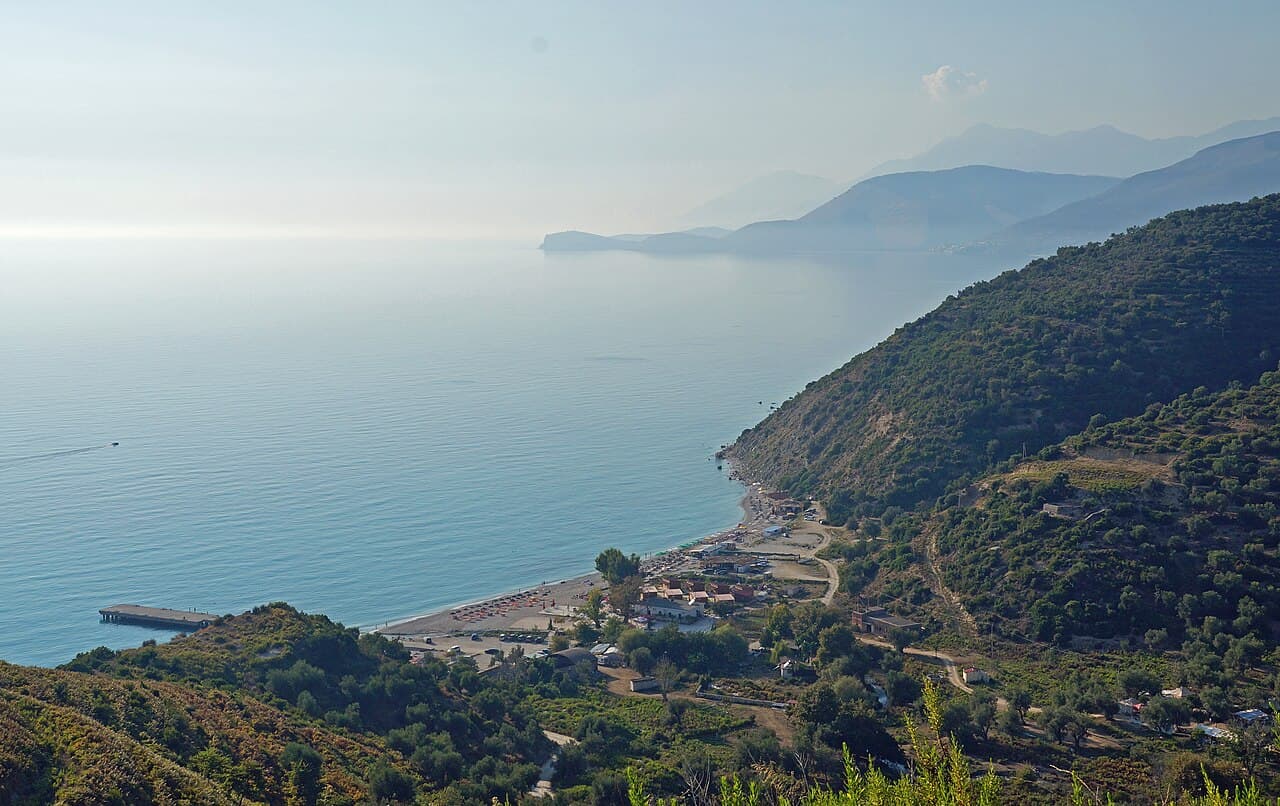 Bunec Beach and the mountain coastline of southern Albania